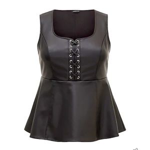 Black faux leather lace-up peplum top